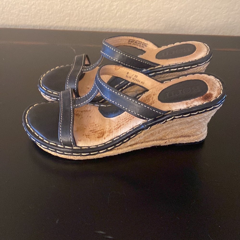 Born Black Leather Espadrille Backless Wedge Sandals Size 8 / 39
